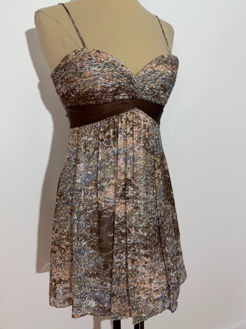 BCBGMaxAzria Silk Metallic Empire Waist Spaghetti Strap Mini Dress